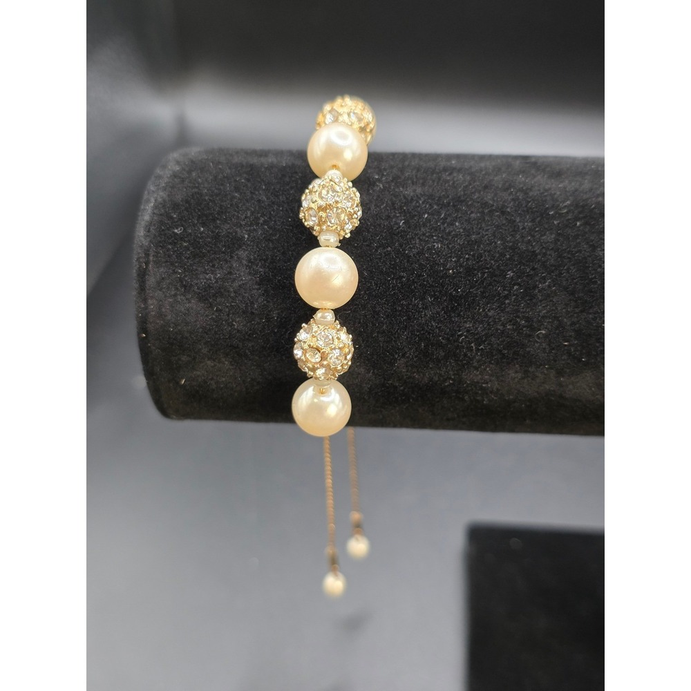Gold Tone Faux Pearl and Crystal Pave Disco Ball Adjustable Bolo Bracelet
